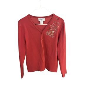 Pendleton Sz M Coral Embroidered Silk Blend Long Sleeve V-neck Cardigan Sweater